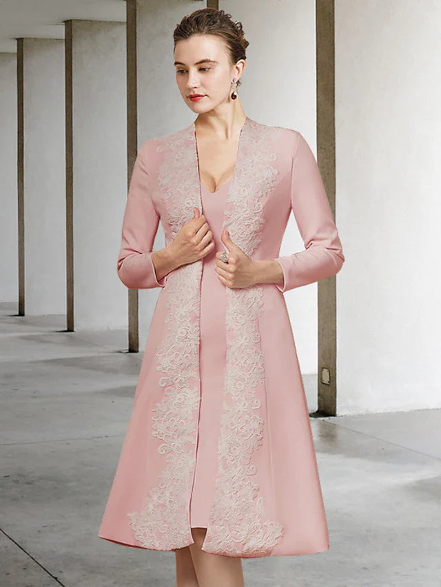 Wholesale Mother of the Bride Dress Elegant V Neck Knee Length Stretch Fabric Half Sleeve with Appliques