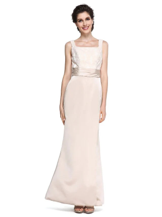Wholesale Mother of the Bride Dress Elegant Square Neck Ankle Length Satin Length Sleeve with Lace Ruched