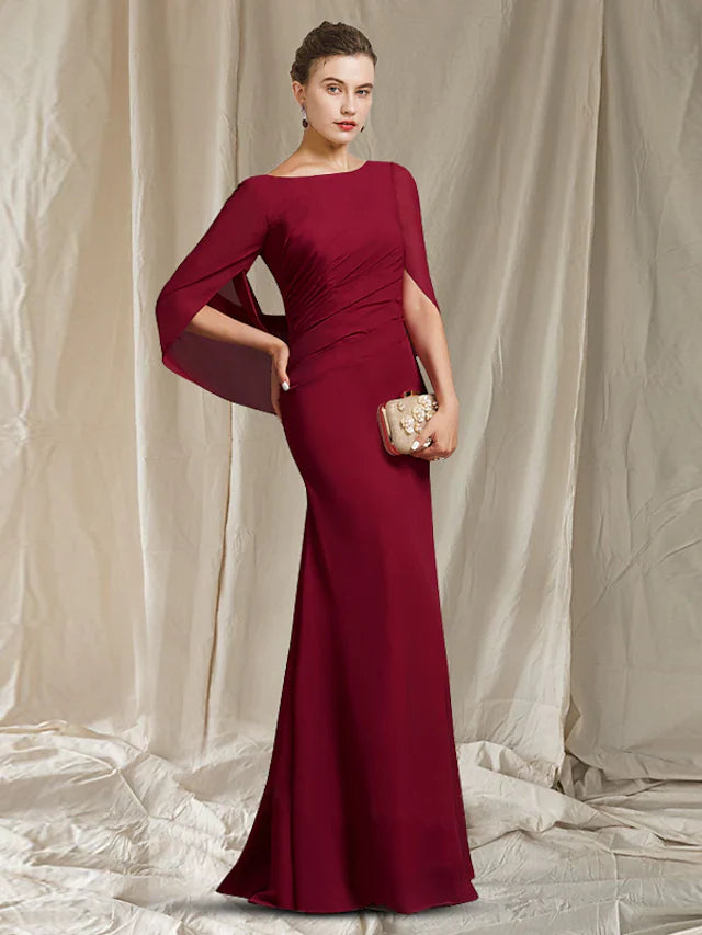 Wholesale Mother of the Bride Dress Elegant Jewel Neck Floor Length Chiffon Half Sleeve with Ruched
