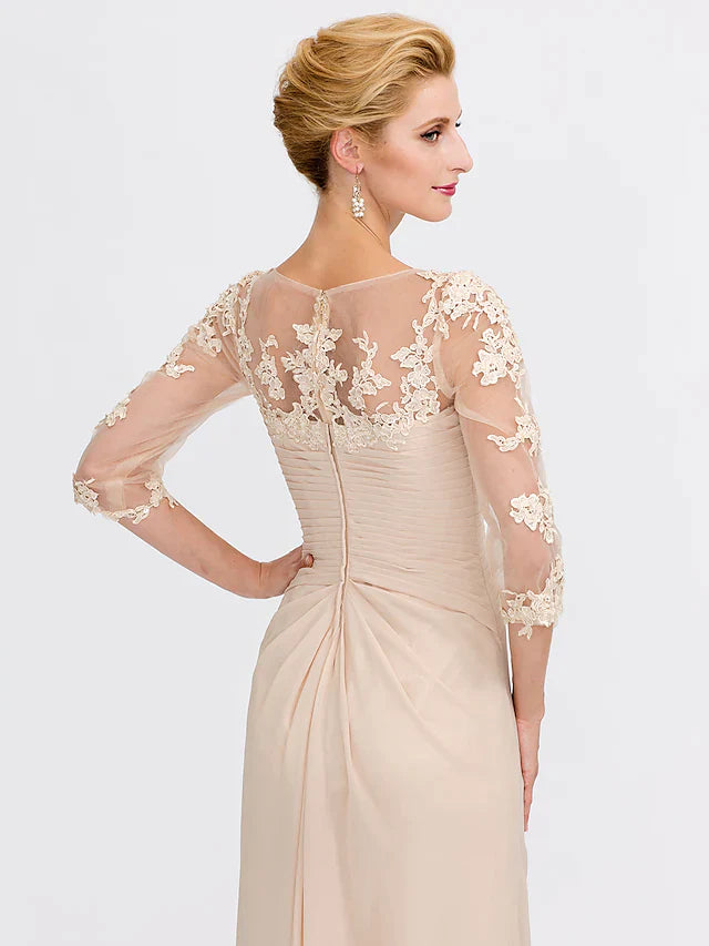 Wholesale Mother of the Bride Dress Elegant See Through V Neck Floor Length Chiffon Sheer Lace Half Sleeve with Appliques Side Draping