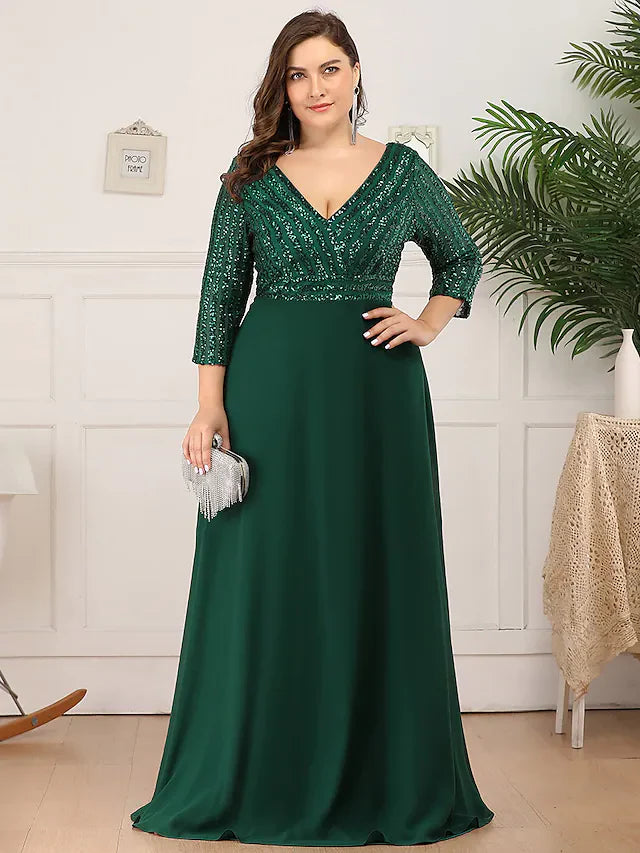 Wholesale Mother of the Bride Dress Plus Size Elegant V Neck Floor Length Polyester 3/4 Length Sleeve with Sequin