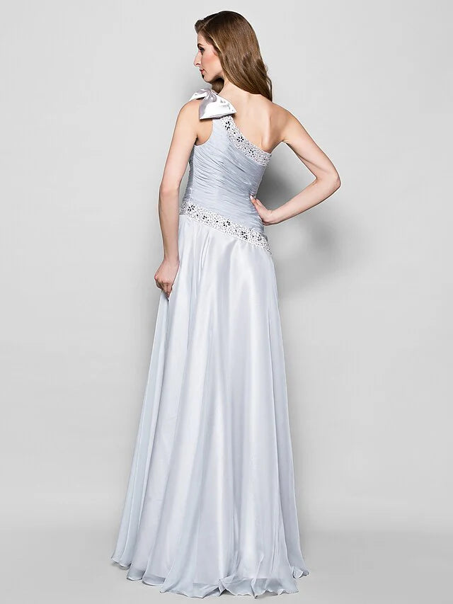 Wholesale A-Line Mother of the Bride Dress Elegant One Shoulder Floor Length Chiffon Sleeveless with Bow(s) Crystals Beading