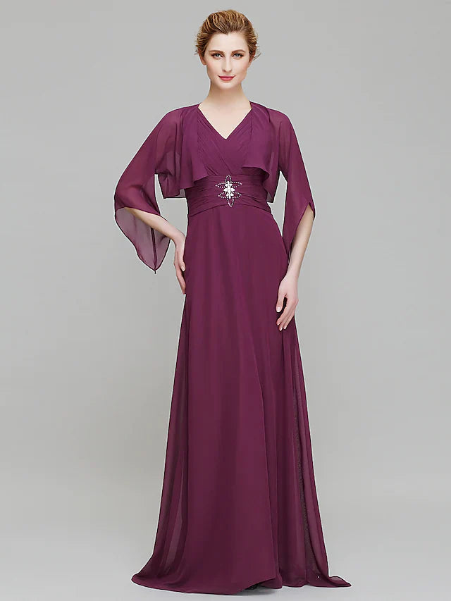 Wholesale Mother of the Bride Dress V Neck Floor Length Chiffon 3/4 Length Sleeve with Criss Cross Crystals
