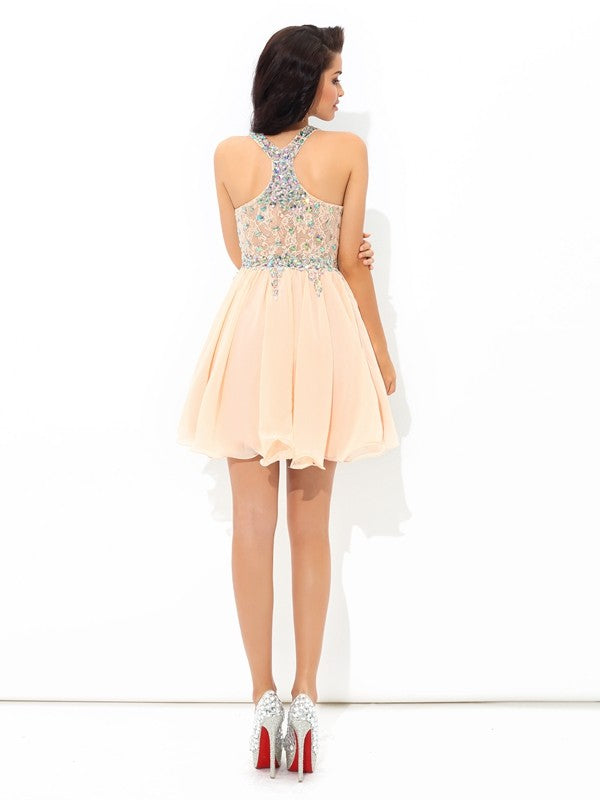 Wholesale A-Line/Princess Straps Rhinestone Sleeveless Short Chiffon Cocktail Dresses