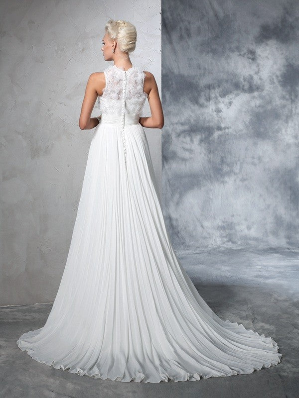 Wholesale A-Line/Princess High Neck Pleats Sleeveless Long Chiffon Wedding Dresses