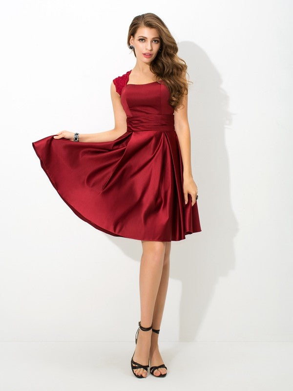 Wholesale A-Line/Princess Straps Pleats Sleeveless Short Satin Bridesmaid Dresses