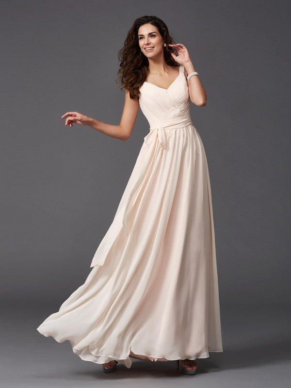 Wholesale A-Line/Princess Straps Sash/Ribbon/Belt Sleeveless Long Chiffon Bridesmaid Dresses