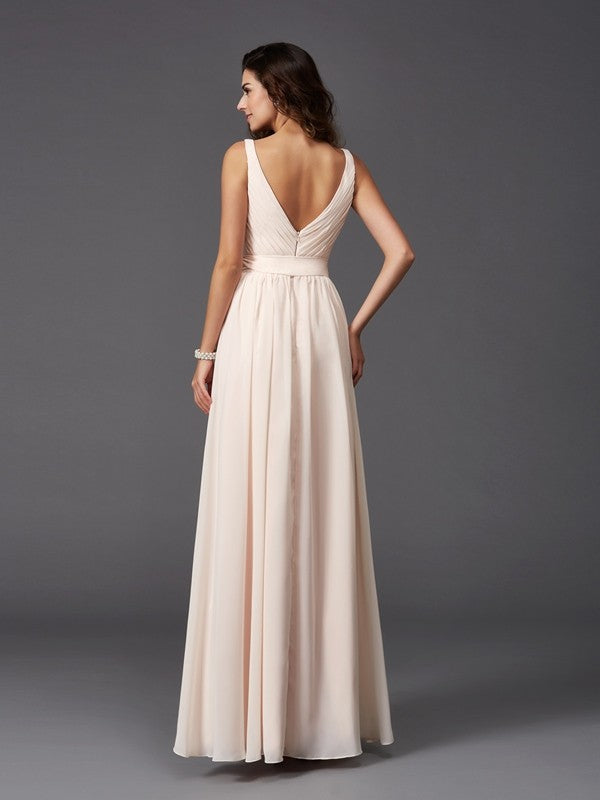 Wholesale A-Line/Princess Straps Sash/Ribbon/Belt Sleeveless Long Chiffon Bridesmaid Dresses