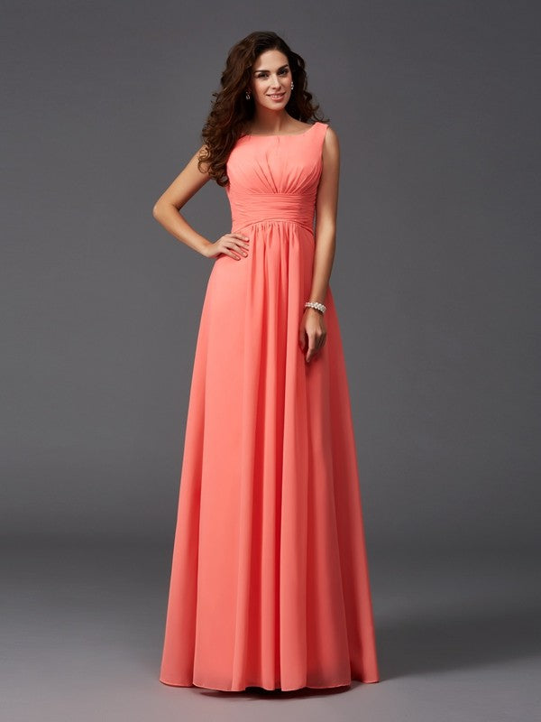 Wholesale A-Line/Princess Scoop Ruffles Sleeveless Long Chiffon Bridesmaid Dresses