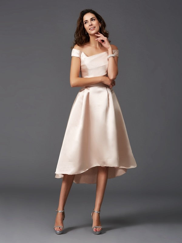 Wholesale A-Line/Princess Off-the-Shoulder Sleeveless High Low Satin Bridesmaid Dresses