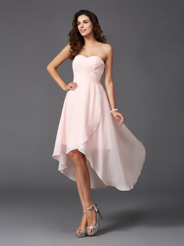 Wholesale A-Line/Princess Sweetheart Ruffles Sleeveless High Low Chiffon Bridesmaid Dresses