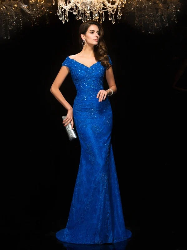 Wholesale V-neck Lace Sleeveless Long Lace Mother of the Bride Dresses Blue