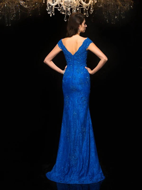Wholesale V-neck Lace Sleeveless Long Lace Mother of the Bride Dresses Blue