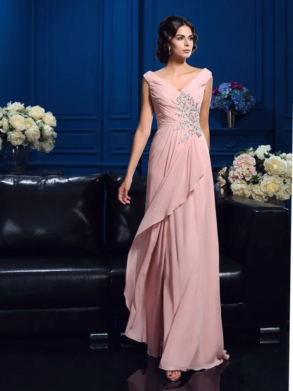 Wholesale A-Line Princess V-neck Beading Sleeveless Long Chiffon Mother of the Bride Dresses