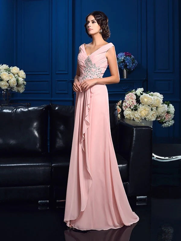 Wholesale A-Line Princess V-neck Beading Sleeveless Long Chiffon Mother of the Bride Dresses