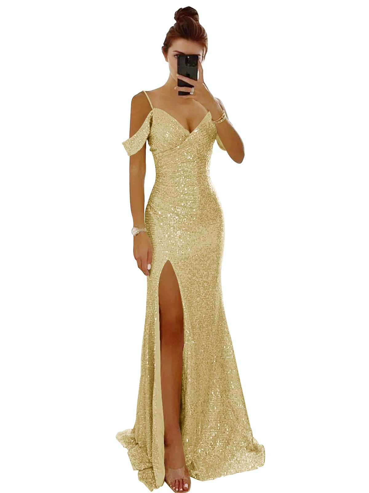 Wholesale Women's Off Shoulder Long Prom Dress 2025 Sparkly Sequin V Neck Evening Dress Mermaid Slit Formal Party Gown