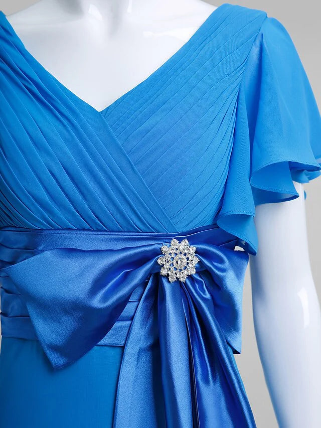 Wholesale Mother of the Bride Dress Elegant V Neck Floor Length Chiffon Short Sleeve with Criss Cross Crystals