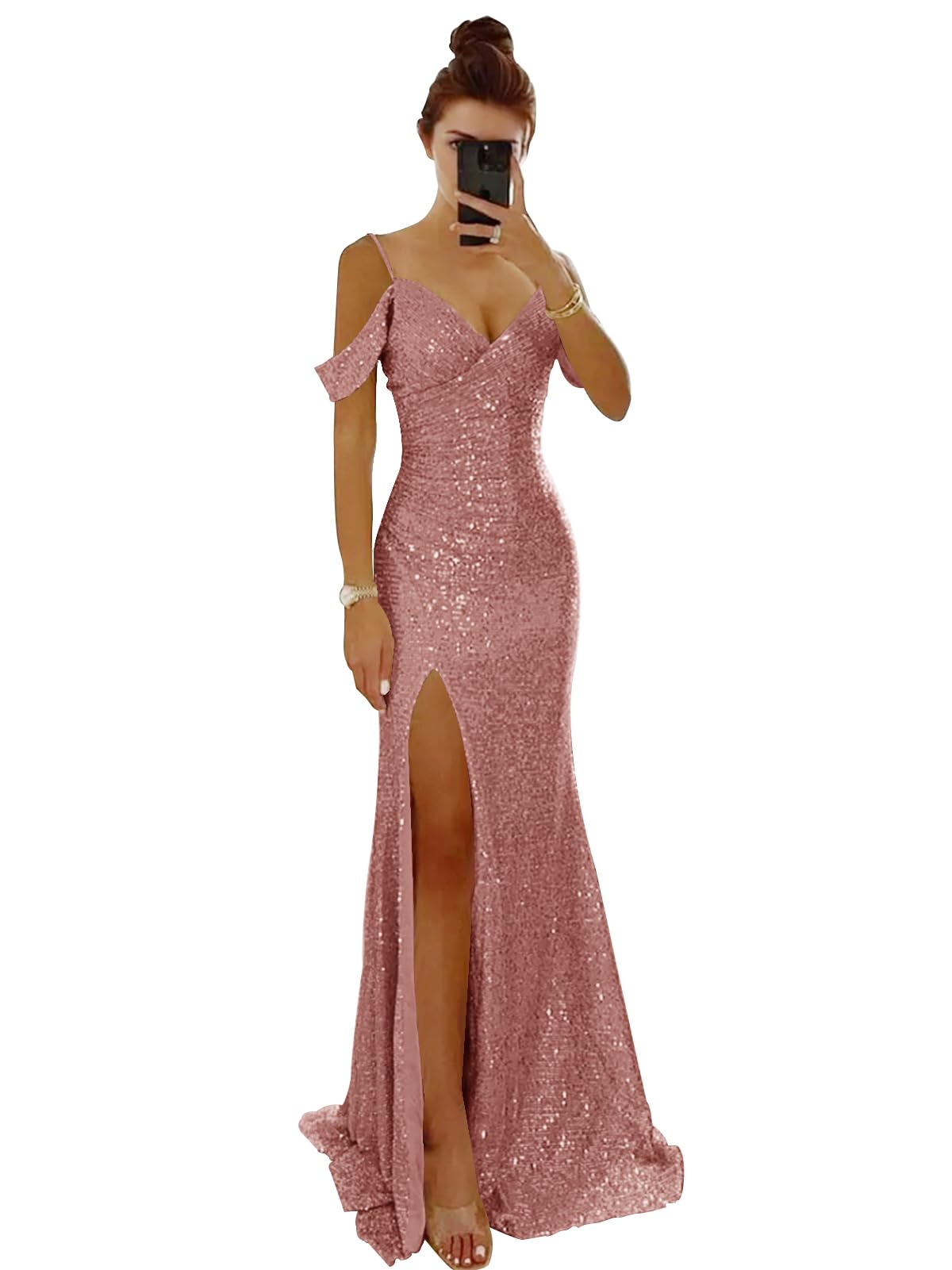 Wholesale Women's Off Shoulder Long Prom Dress 2025 Sparkly Sequin V Neck Evening Dress Mermaid Slit Formal Party Gown