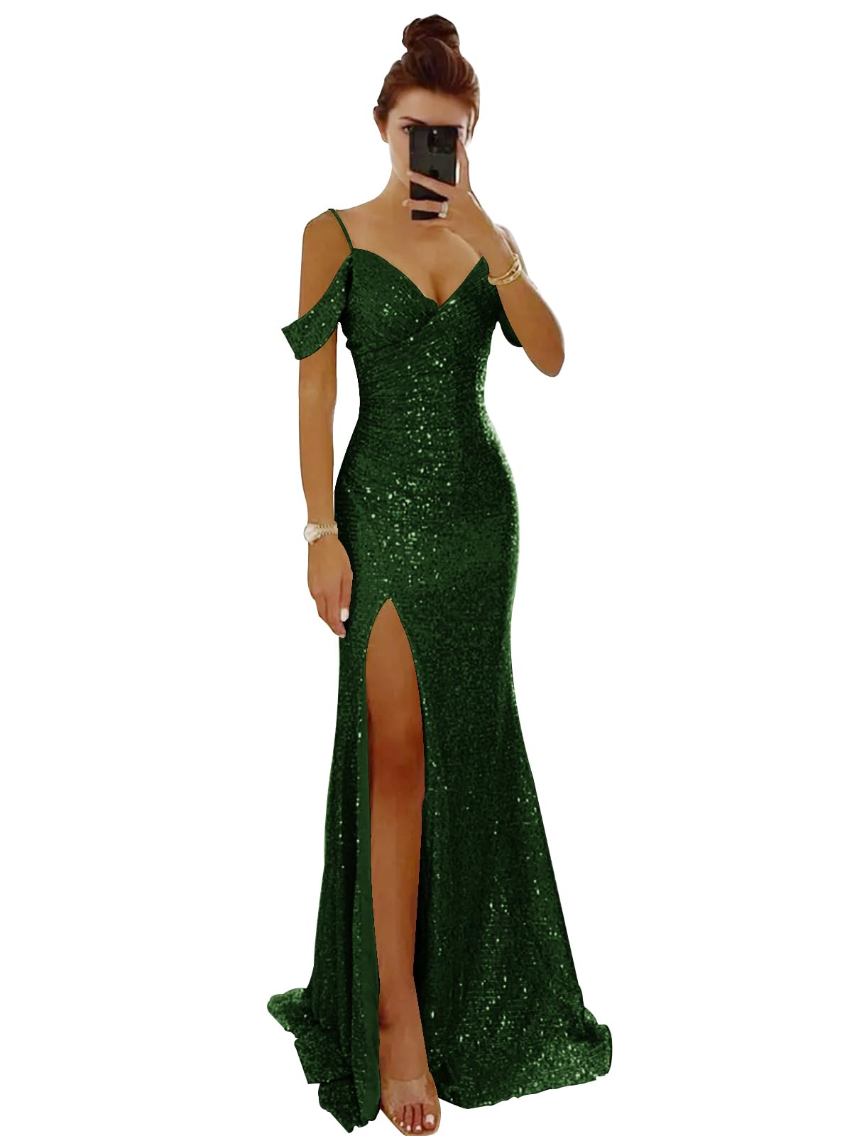 Wholesale Women's Off Shoulder Long Prom Dress 2025 Sparkly Sequin V Neck Evening Dress Mermaid Slit Formal Party Gown