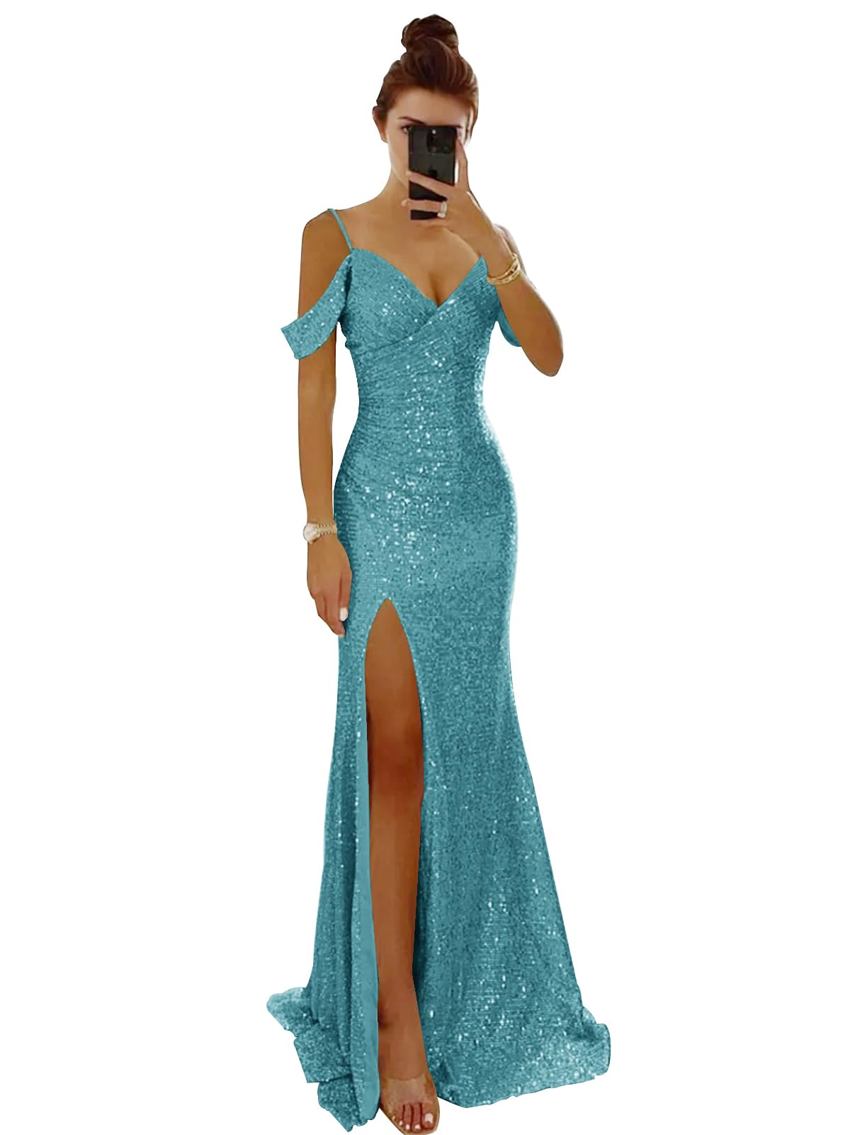 Wholesale Women's Off Shoulder Long Prom Dress 2025 Sparkly Sequin V Neck Evening Dress Mermaid Slit Formal Party Gown