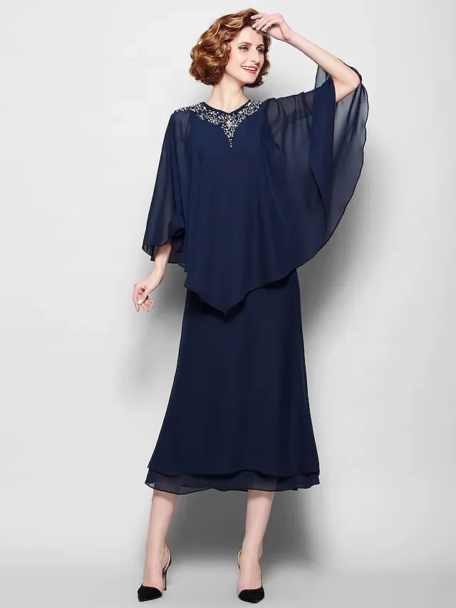 Wholesale Mother of the Bride Dress V Neck Tea Length Chiffon 3/4 Length Sleeve with Crystals Beading