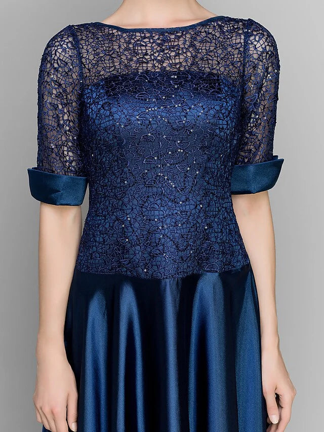 Wholesale A-Line Mother of the Bride Dress See Through Bateau Neck Ankle Length Satin Half Sleeve with Lace Pleats