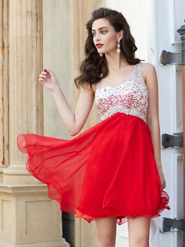 Wholesale A-line/Princess One-Shoulder Beading Sleeveless Chiffon Short/Mini Dresses