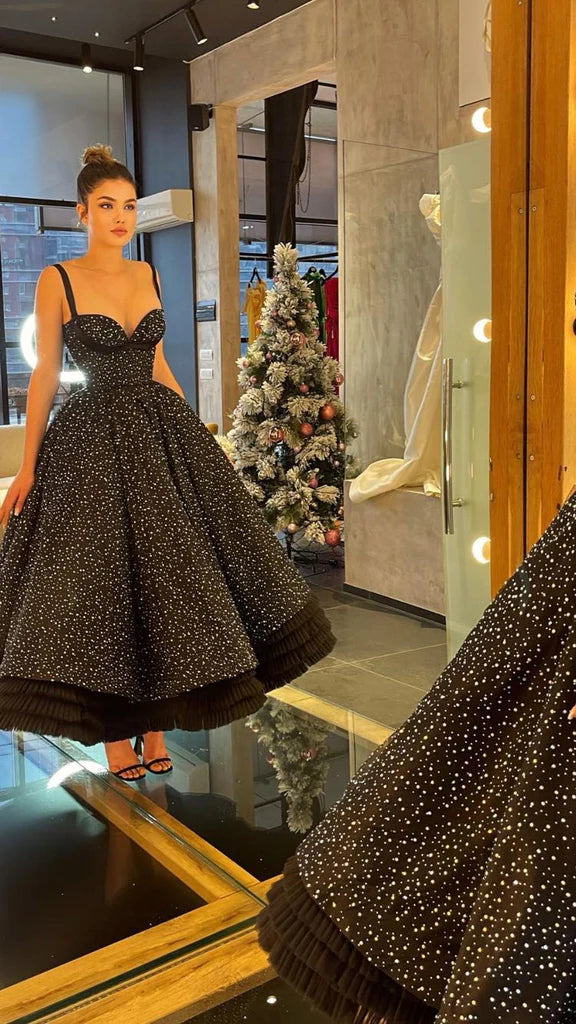 Wholesale A Line Black Ankle Length Evening Dresses Ruffles Prom Dress