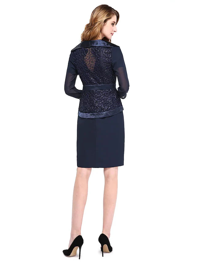 Wholesale Mother of the Bride Dress Two Piece Wrap Included Jewel Neck Knee Length Chiffon Lace Length Sleeve withCrystal Brooch Sash Ribbon