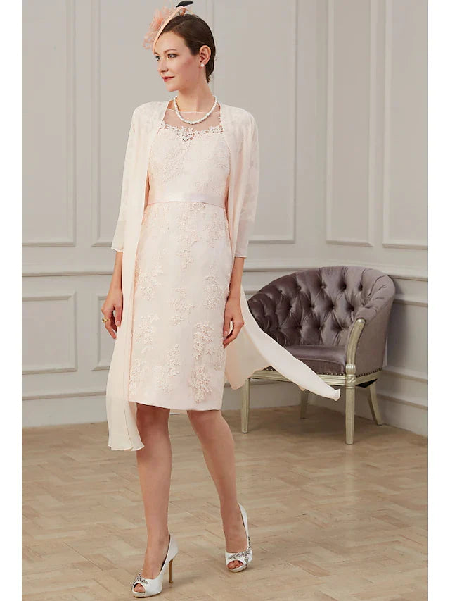 Wholesale Mother of the Bride Dress Elegant Jewel Neck Knee Length Chiffon Long Sleeve with Appliques Ruching