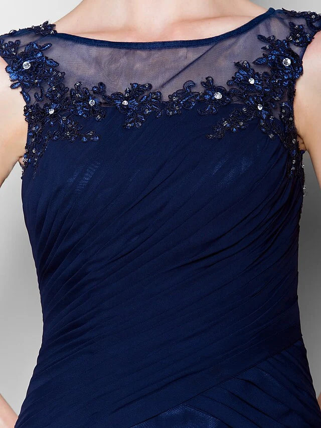 Wholesale Mother of the Bride Dress See Through Scoop Neck Floor Length Chiffon Sleeveless with Criss Cross Appliques