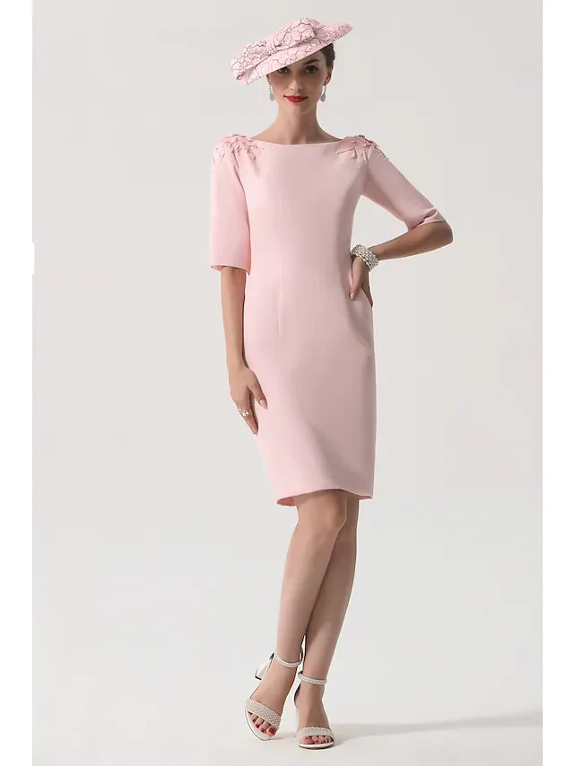 Wholesale Mother of the Bride Dress Elegant Jewel Neck Knee Length Stretch Satin Half Sleeve with Appliques