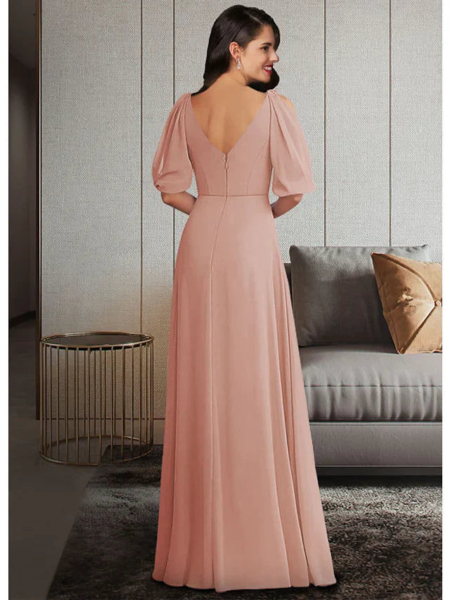 Wholesale Mother of the Bride Dress Elegant V Neck Floor Length Chiffon Short Sleeve with Ruffles Ruching
