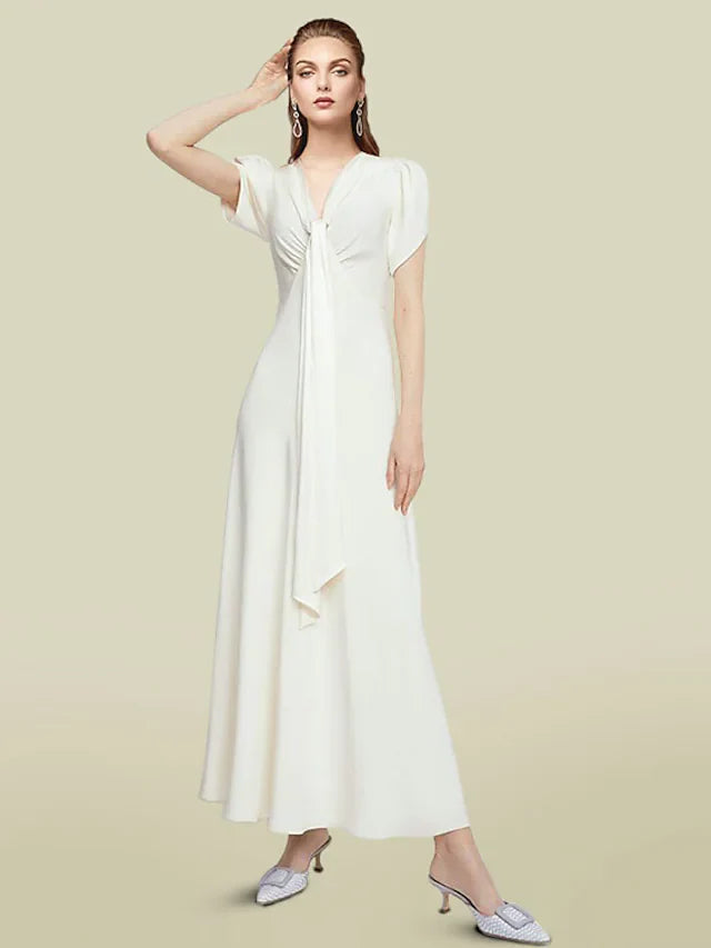 Wholesale A-Line Mother of the Bride Dress Elegant V Neck Ankle Length Chiffon Short Sleeve with Ruching