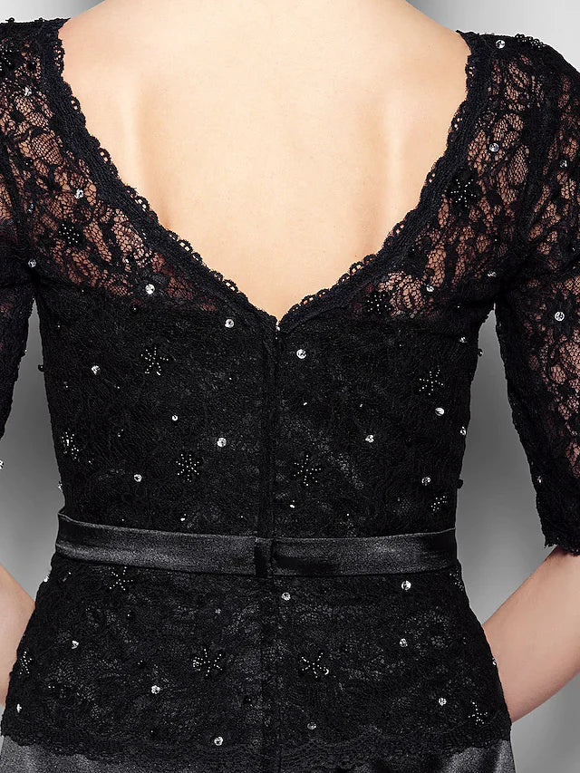 Wholesale Mother of the Bride Dress Elegant V Neck Floor Length Lace Stretch Satin Half Sleeve with Lace Sash Ribbon Bow(s)