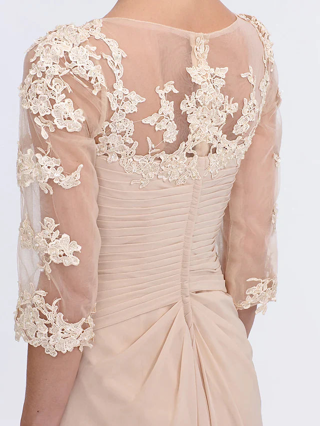 Wholesale Mother of the Bride Dress Elegant See Through V Neck Floor Length Chiffon Sheer Lace Half Sleeve with Appliques Side Draping