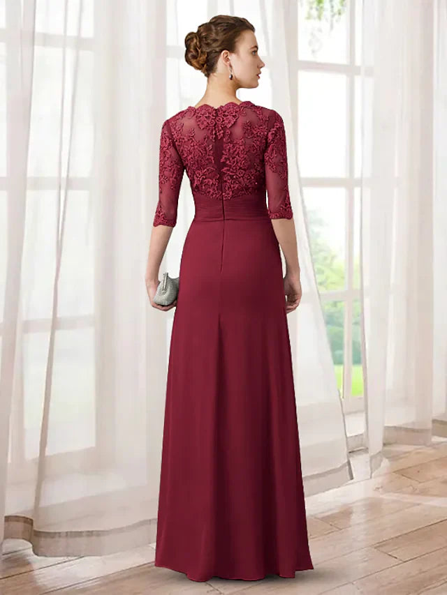 Wholesale Mother of the Bride Dress Elegant Jewel Neck Floor Length Chiffon Lace Half Sleeve with Appliques Ruching