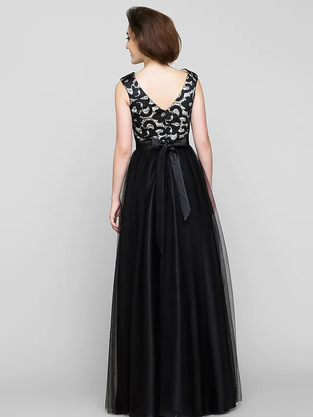 Wholesale A-Line Mother of the Bride Dress Vintage Inspired Scoop Neck Floor Length Tulle Sleeveless with Pattern Print