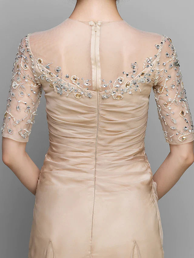 Wholesale A-Line Mother of the Bride Dress Vintage Inspired Jewel Neck Ankle Length Chiffon Half Sleeve with Ruched Beading