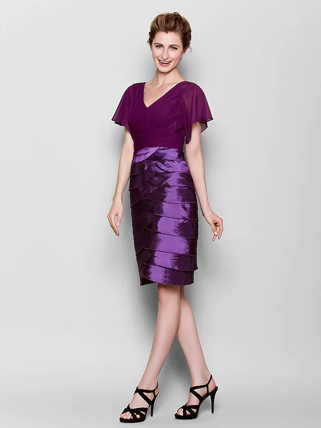 Wholesale Mother of the Bride Dress V Neck Knee Length Chiffon Taffeta Short Sleeve with Criss Cross