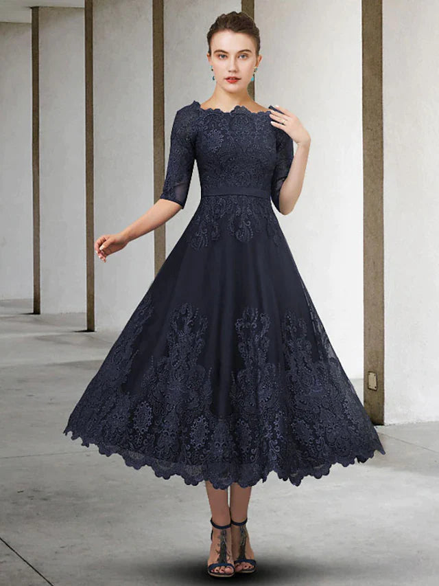 Wholesale A-Line Mother of the Bride Dress Elegant Jewel Neck Ankle Length Lace Tulle Half Sleeve with Appliques