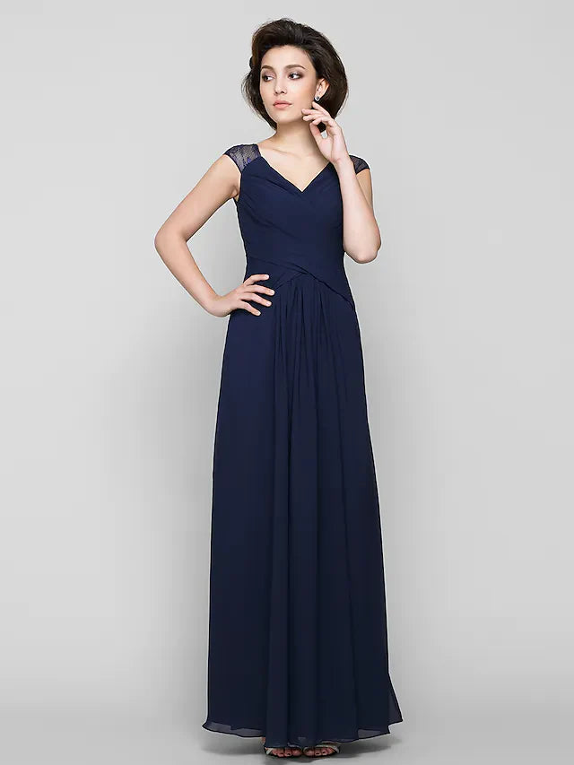 Wholesale A-Line Mother of the Bride Dress See Through V Neck Ankle Length Chiffon Lace Sleeveless with Lace Criss Cross