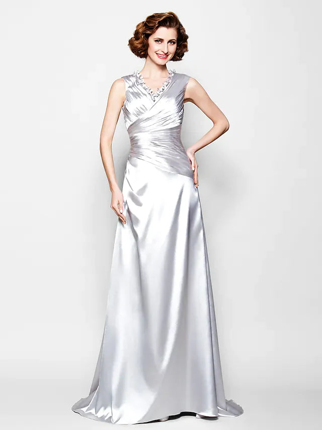 Wholesale A-Line Mother of the Bride Dress V Neck Stretch Satin Sleeveless with Criss Cross Beading Side Draping