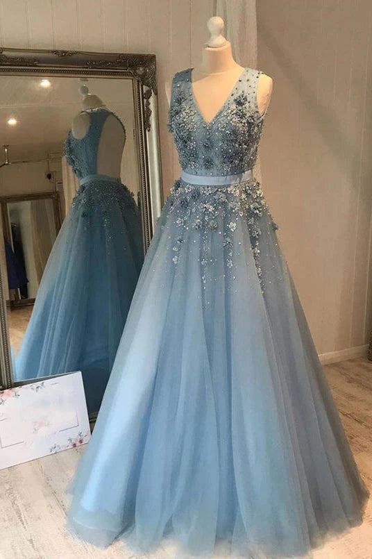 Wholesale Blue Tulle Flowers Beadied Evening Dress A-Line V-Neck Long Prom Dress