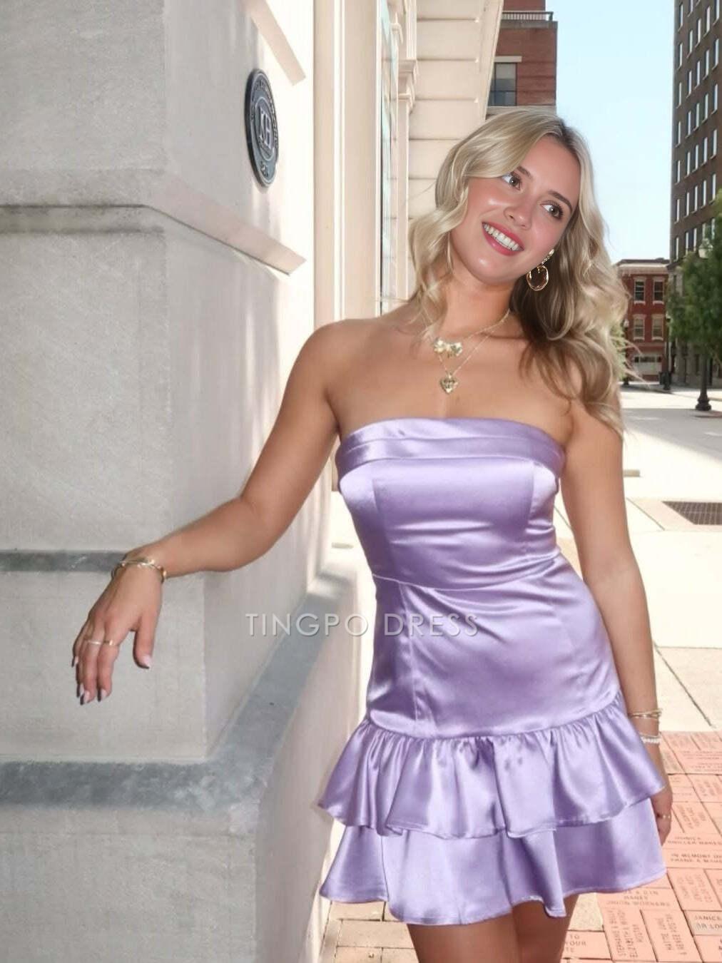 TingPo Wholesale Elegant Cute Sheath Strapless Lilac Satin Short Homecoming Dress with Ruffles formal wear dresses