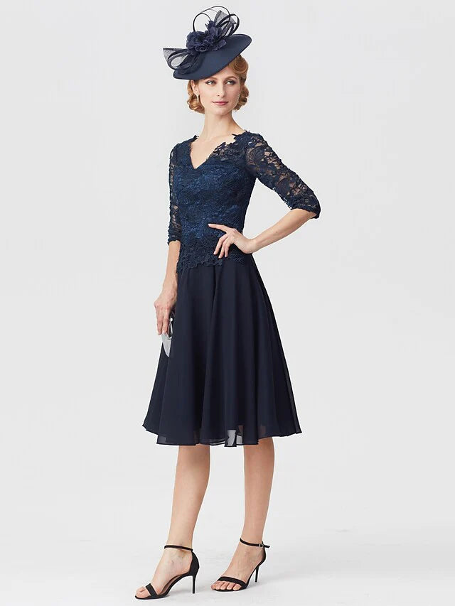 Wholesale Mother of the Bride Dress Elegant V Neck Knee Length Chiffon Sheer Lace Half Sleeve with Lace