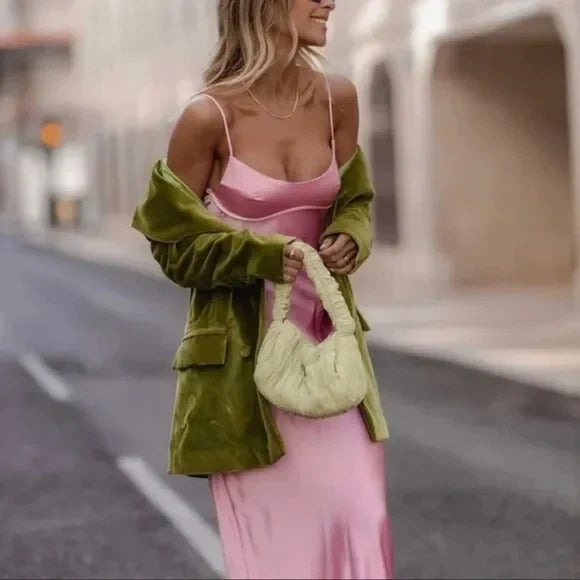 TingPo Wholesale Simple A line Straps Sleeveless Party Dress Silk Satin Pink Prom Dress