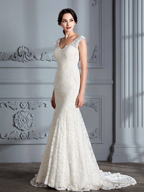 Wholesale Trumpet/Mermaid Sleeveless V-Neck Lace Sweep/Brush Train Wedding Dresses