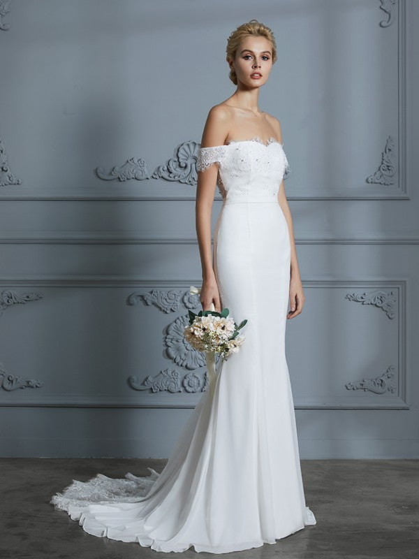 Wholesale Trumpet/Mermaid Off-the-Shoulder Sleeveless Lace Chiffon Sweep/Brush Train Wedding Dresses