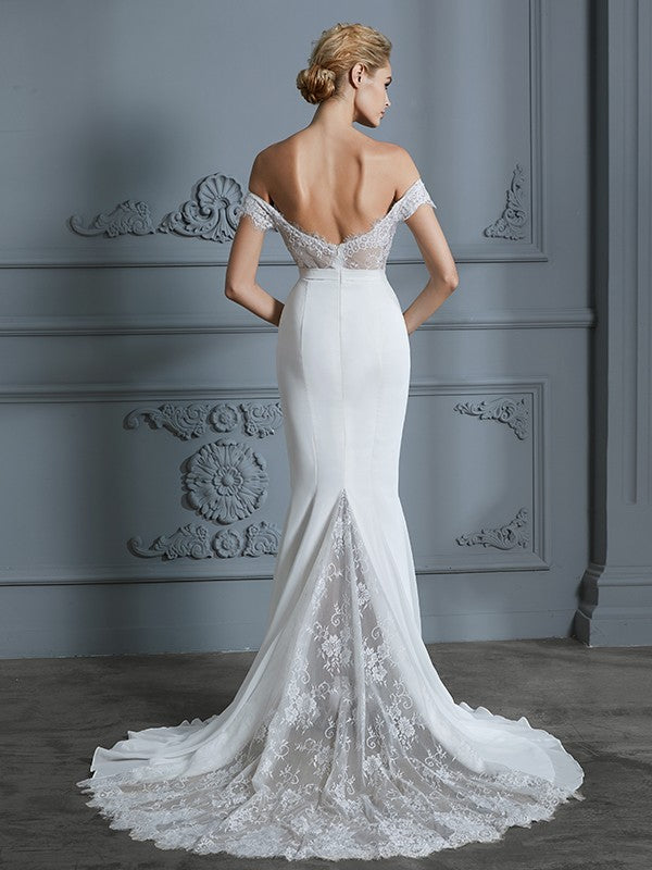 Wholesale Trumpet/Mermaid Off-the-Shoulder Sleeveless Lace Chiffon Sweep/Brush Train Wedding Dresses